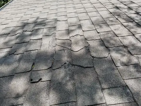 Close-up of worn, cracked asphalt shingles with tree shadows across them.