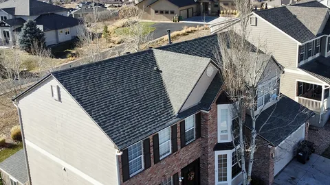 Finished dark architectural shingles on brick and siding two-story homes in a hillside subdivision.