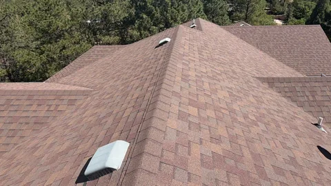 Overhead view of a brown shingle roof with hips, valleys and white vents among pine trees.