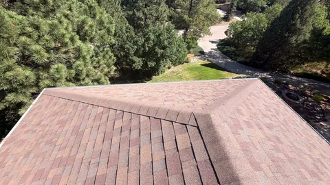 Overhead view of a red-brown shingle hip roof surrounded by pine trees and a green lawn.