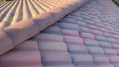 Close view of a salmon-colored barrel tile ridge over rows of curved roof tiles in warm light.